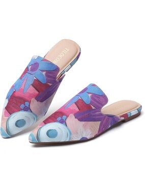 🆕 Womens Purple Shoes Floral Pointed Toe Flat Backless Slipper Mule Slides